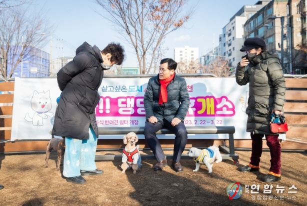 지난 24일 신월동에 설치된 이동식 반려견 놀이터를 찾은 이기재 양천구청장