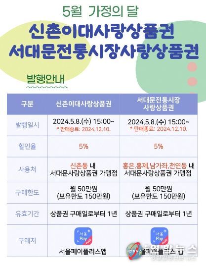 서대문구의 ‘5월 가정의 달 자체 특별상품권 발행 안내’ 포스터