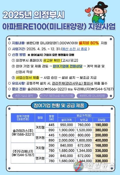 의정부시, 2025년 아파트RE100(미니태양광) 지원사업 추진