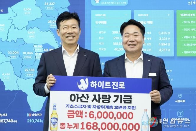 하이트진로(주) 천안지점이 성금 전달식 후 기념촬영을 하고 있다.